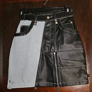 NWT Maniere De Voir Denim & Vegan Leather Mini Skirt - Size 6